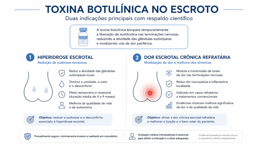 Infográfico educativo com as indicações clínicas da toxina botulínica na bolsa escrotal, incluindo hiperidrose e dor escrotal crônica