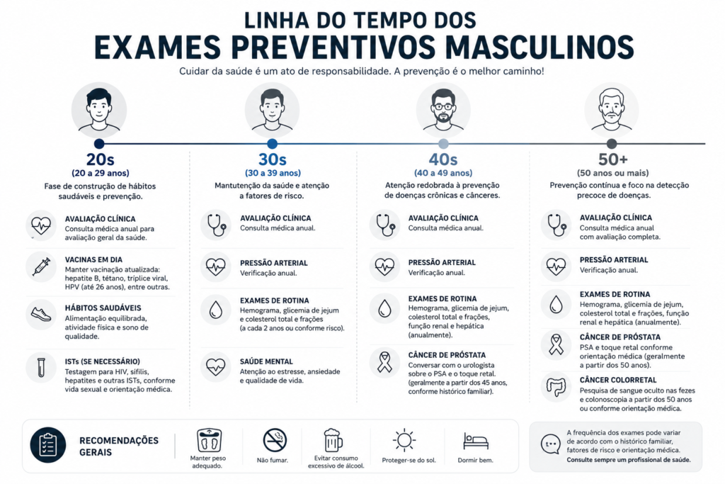 Infográfico com os exames preventivos para saúde masculina recomendados por faixa etária