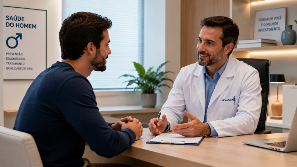 Urologista realizando check-up preventivo em paciente masculino como parte da saúde masculina preventiva