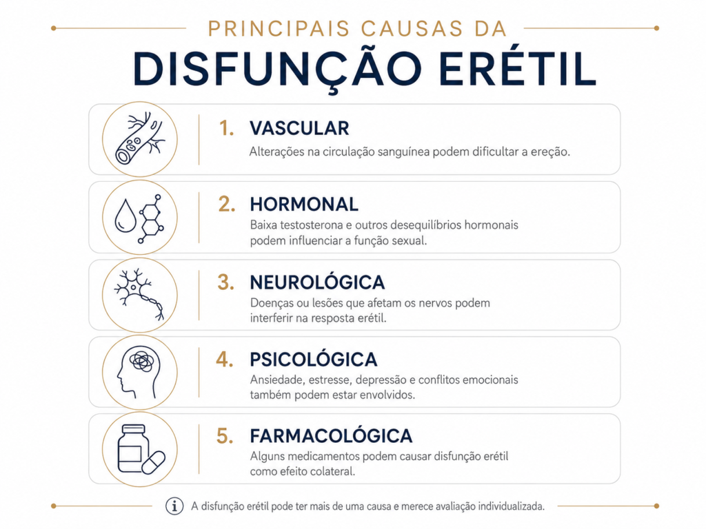 Infográfico com as principais causas orgânicas e psicológicas da disfunção erétil em homens adultos