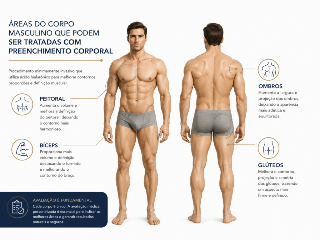 Infográfico das principais áreas do corpo masculino tratadas na harmonização corporal com preenchimento de ácido hialurônico