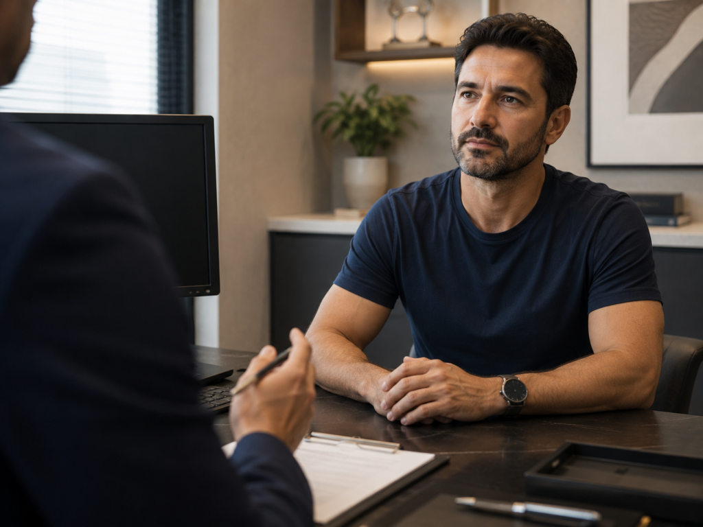 Homem em consulta com urologista para avaliação antes de procedimento de harmonização corporal masculina