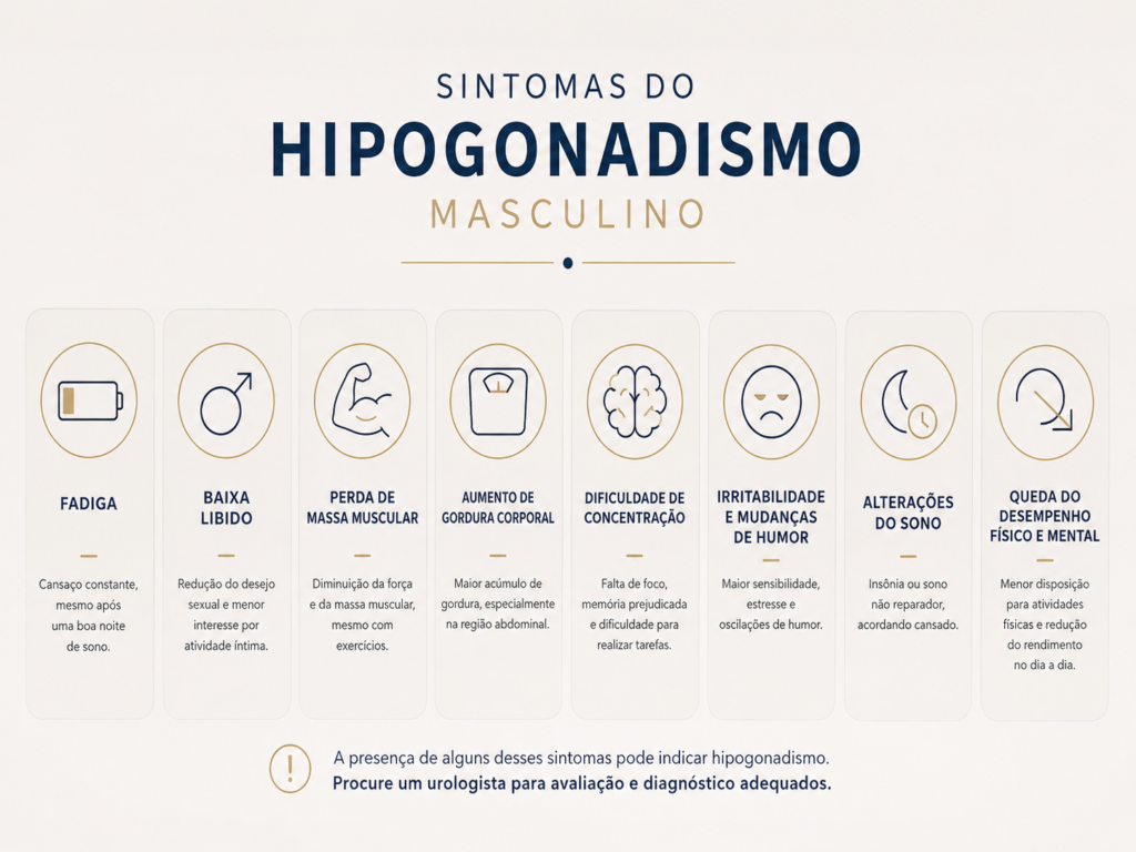 Infográfico com os principais sintomas do hipogonadismo masculino que podem indicar necessidade de reposição com implante hormonal