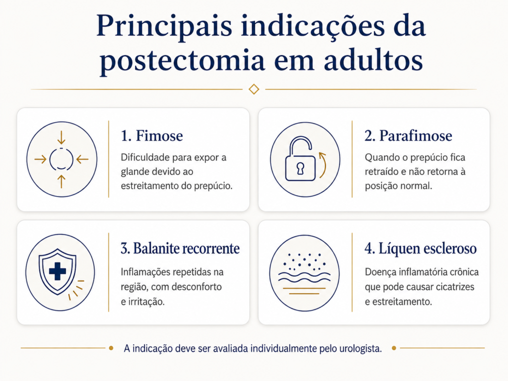 Infográfico com as principais indicações clínicas da postectomia a laser em adultos, incluindo fimose e balanite recorrente